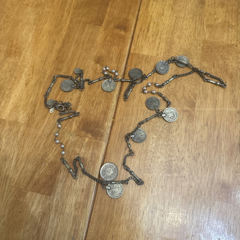 Chico's Silver Tone Faux Coins Dangles and Pearls Single Strand Necklace